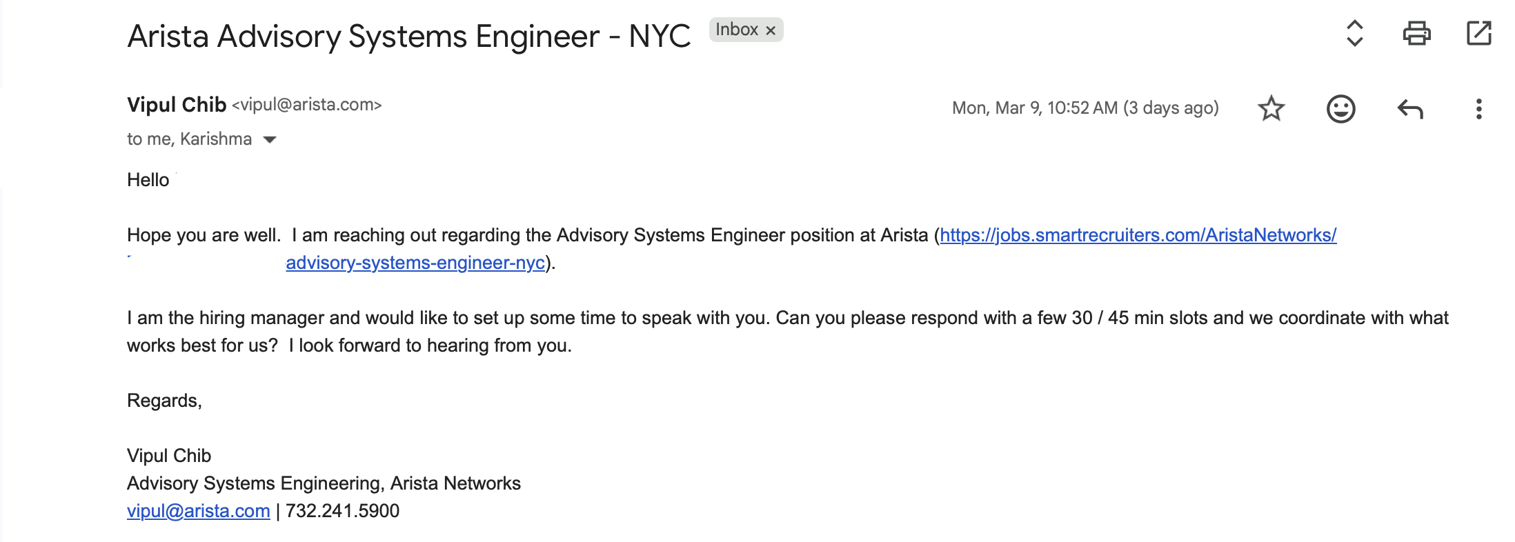 Arista Networks recruiter outreach